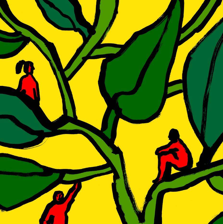 Illustration of people sitting on coffee plant