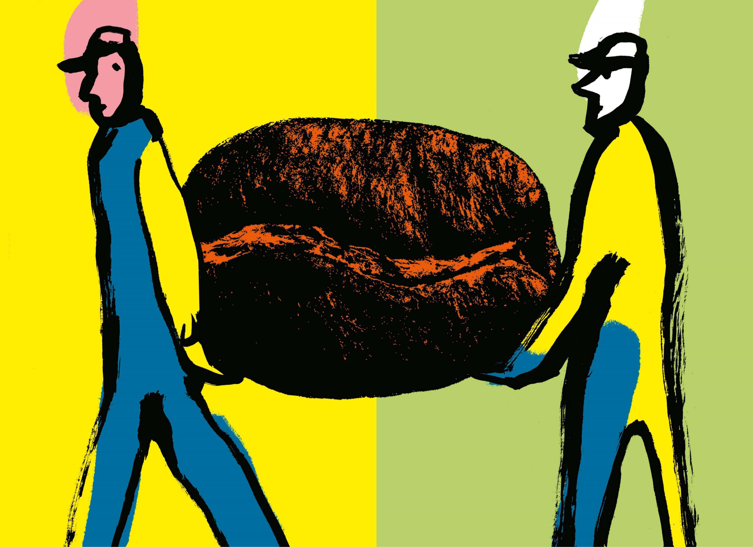 Illustration of two people carrying a large coffee bean'