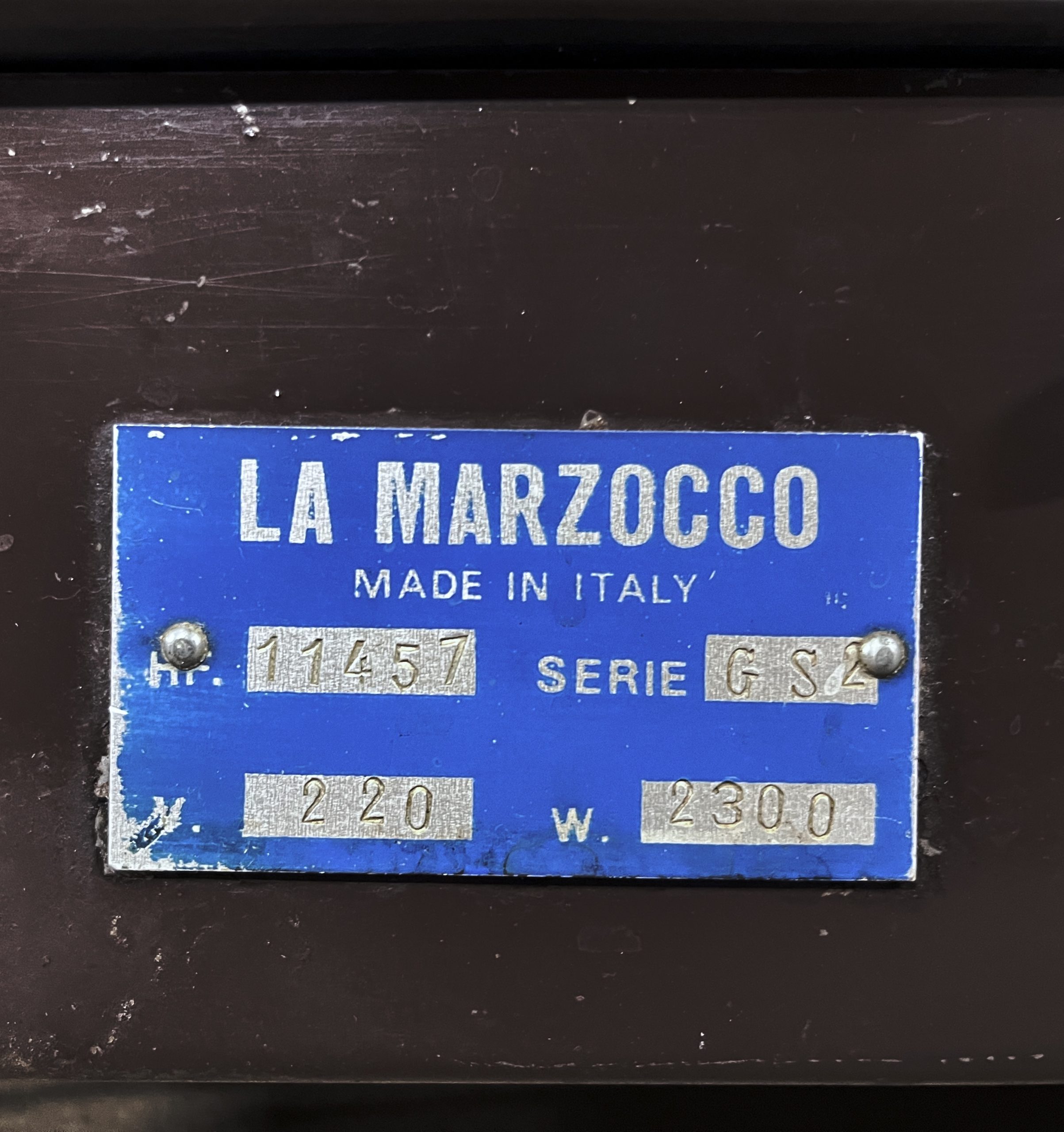 a la marzocco data plate from a GS2 from the 1980s
